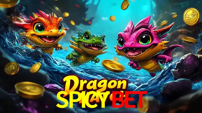 Arte promocional do jogo Dragon Hatch com três adoráveis dragões bebês nadando entre moedas de ouro, um dos slots mais divertidos para jogar no cassino SPICYBET.