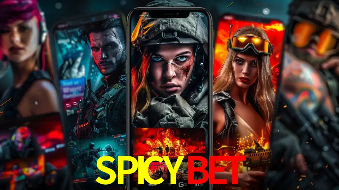 Montagem de telas de celular mostrando diversos personagens, masculinos e femininos, de um jogo de tiro, ilustrando a diversidade de equipes de e-sports para apostar no SPICYBET.