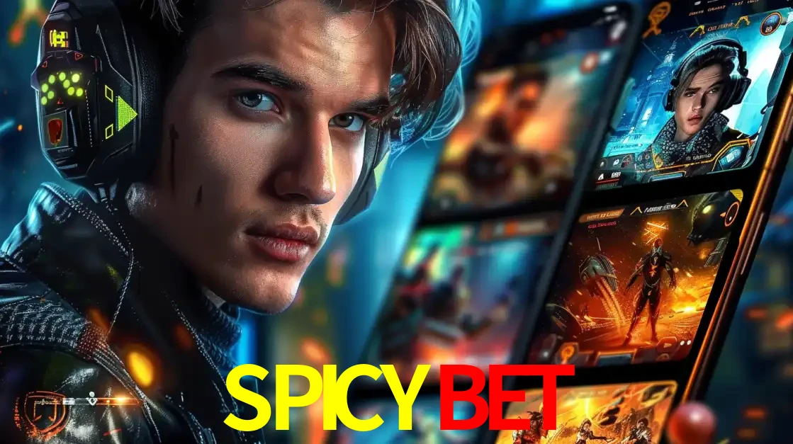 Jovem jogador com fones de ouvido olhando para a câmera, com um aplicativo de jogos e e-sports para celular ao fundo, pronto para a competição e apostas no SPICYBET.