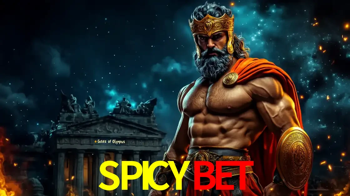 O poderoso Zeus do jogo de slot Gates of Olympus em frente ao seu templo, pronto para lançar multiplicadores divinos e prêmios épicos no cassino online SPICYBET.
