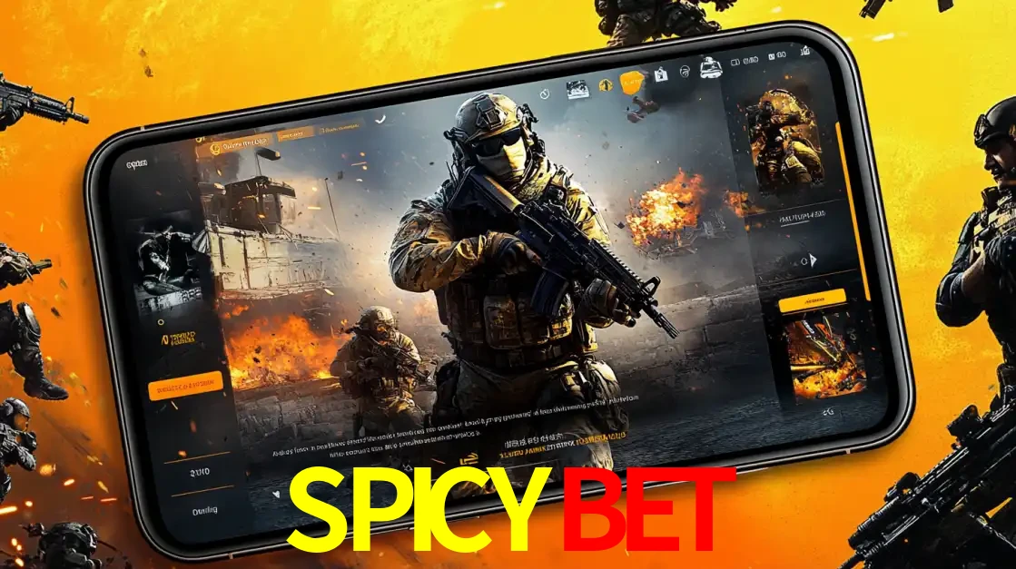 Um smartphone exibindo a interface de um jogo de tiro em primeira pessoa, com um soldado em um cenário de batalha, representando a ação dos e-sports para apostar no SPICYBET.