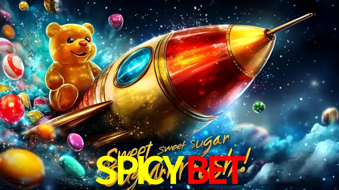 Arte promocional do jogo de slot Sugar Rush, com um urso de pelúcia em um foguete viajando pelo espaço de doces, um dos jogos divertidos disponíveis no cassino SPICYBET.