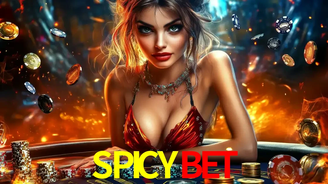 Mulher em uma mesa de cassino com pilhas de fichas e um fundo de fogo, pronta para uma rodada de altas apostas nos jogos de mesa emocionantes do cassino SPICYBET.