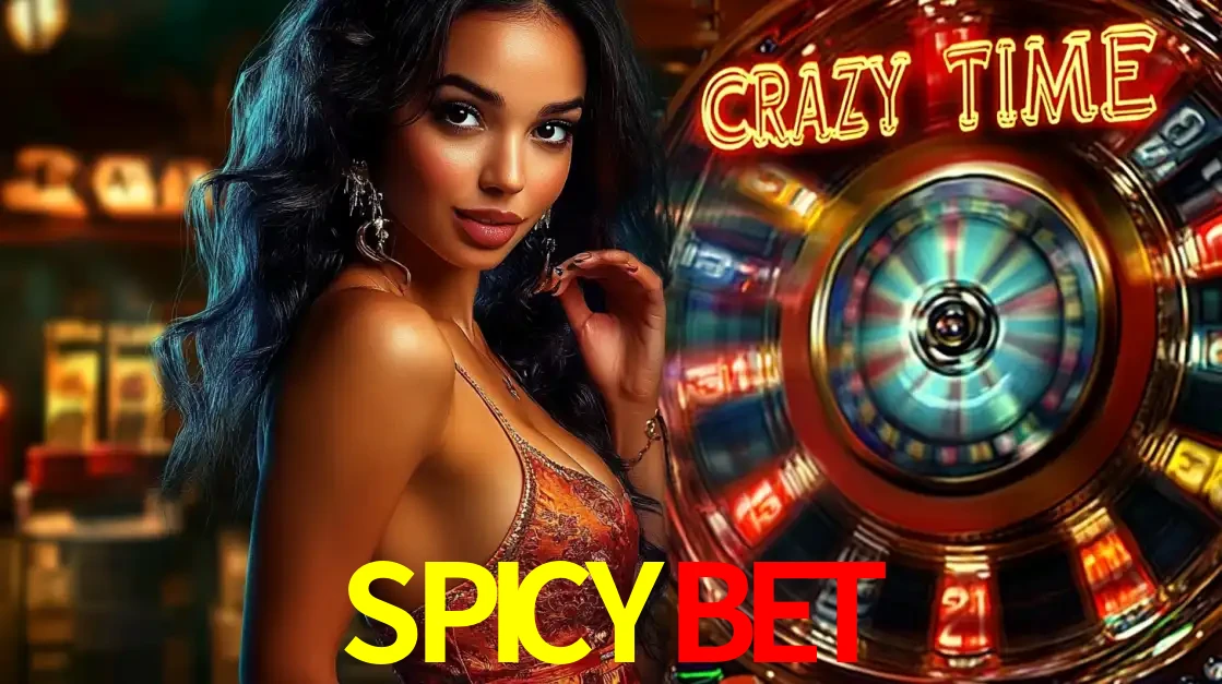 Mulher elegante ao lado da vibrante roda da fortuna do jogo de cassino ao vivo Crazy Time, um dos game shows mais populares e cheios de prêmios do SPICYBET.