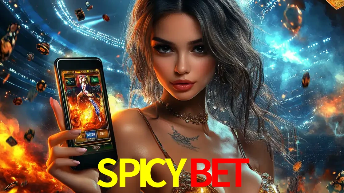 Mulher segurando um celular com um jogo de slot em destaque, tendo como fundo um estádio vibrante, simbolizando a emoção de jogar no cassino móvel SPICYBET.